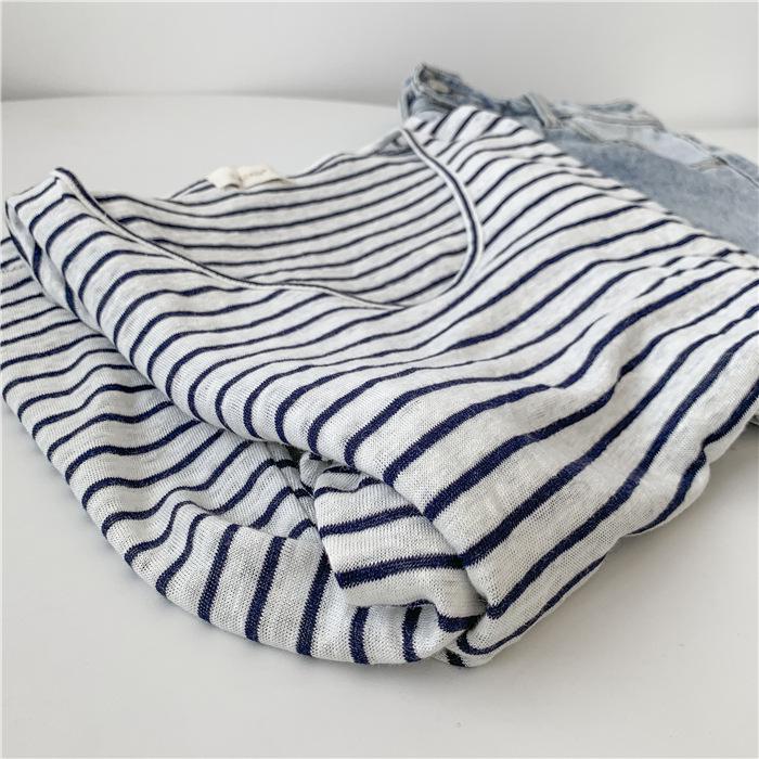 Women's Light Blue Striped V-Neck Bamboo Cotton Short-Sleeve T-Shirt - Loose Fit, Slightly Transparent