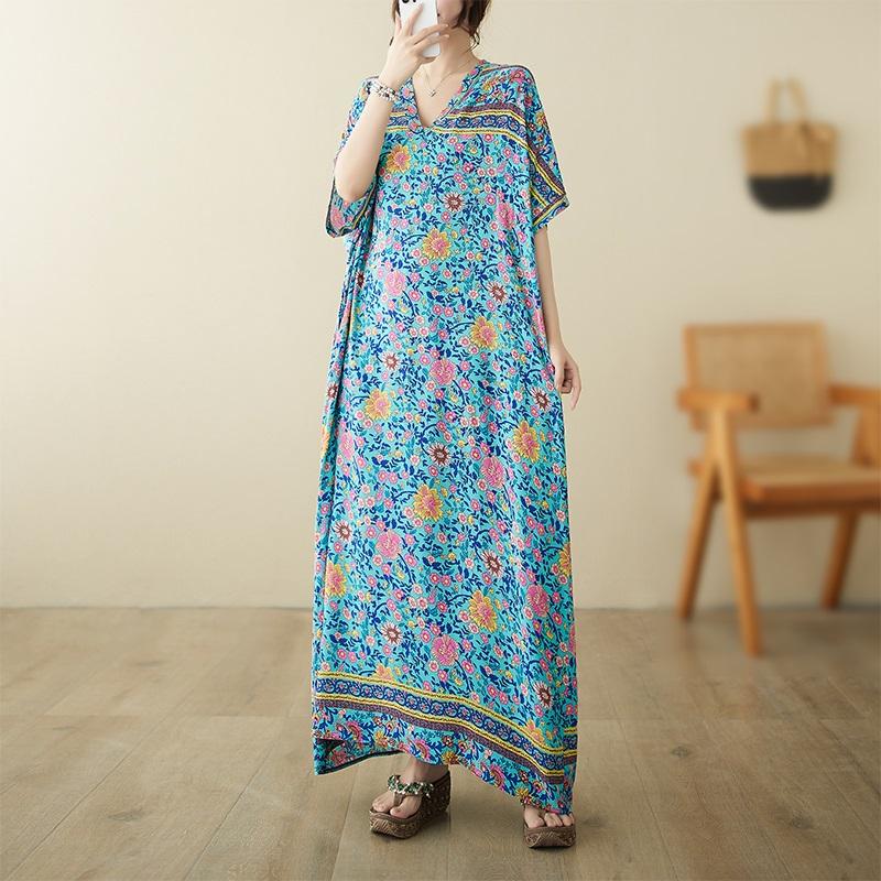 Krátký rukáv Nadměrná velikost vintage květinová novinka v šatech pro ženy ležérní volné Maxi dlouhé letní šaty