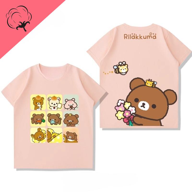 Anime Shirt Rilakkuma Cartoon Cotton Crewneck Casual Kawaii Unique Printed Tee Boy Girl Cute Style Camisa Y2k Clothes Women Tops