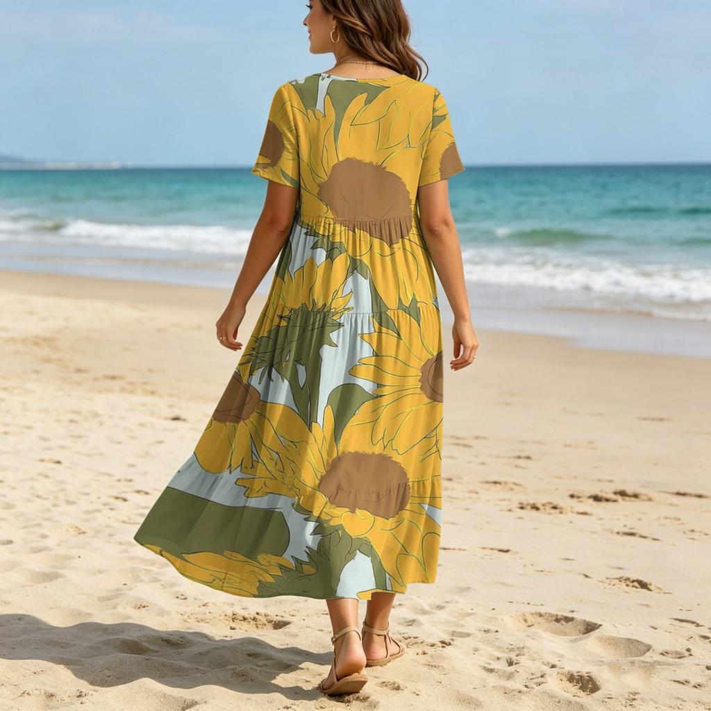 Women Casual Loose Bohemian Floral Dress Short Sleeve Long Maxi Summer Beach Swing Dress