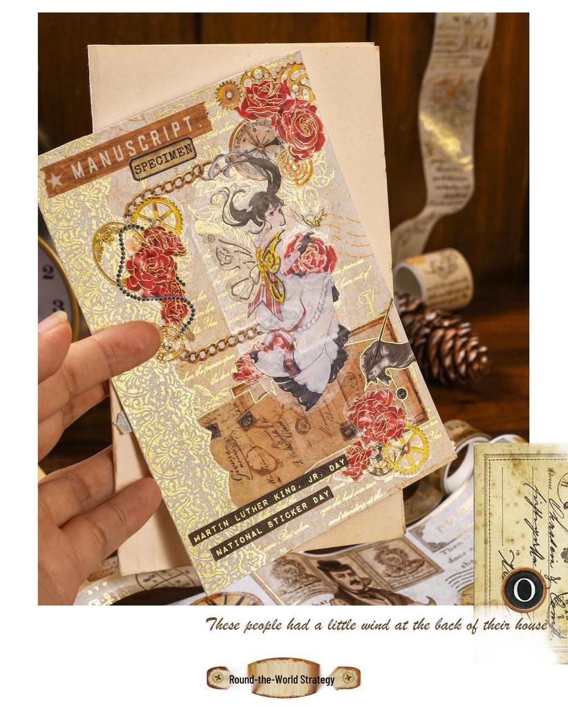 AGUGU Story Collection Gold Foil Retro Journal Washi Tape & DIY Decorative Stickers Set