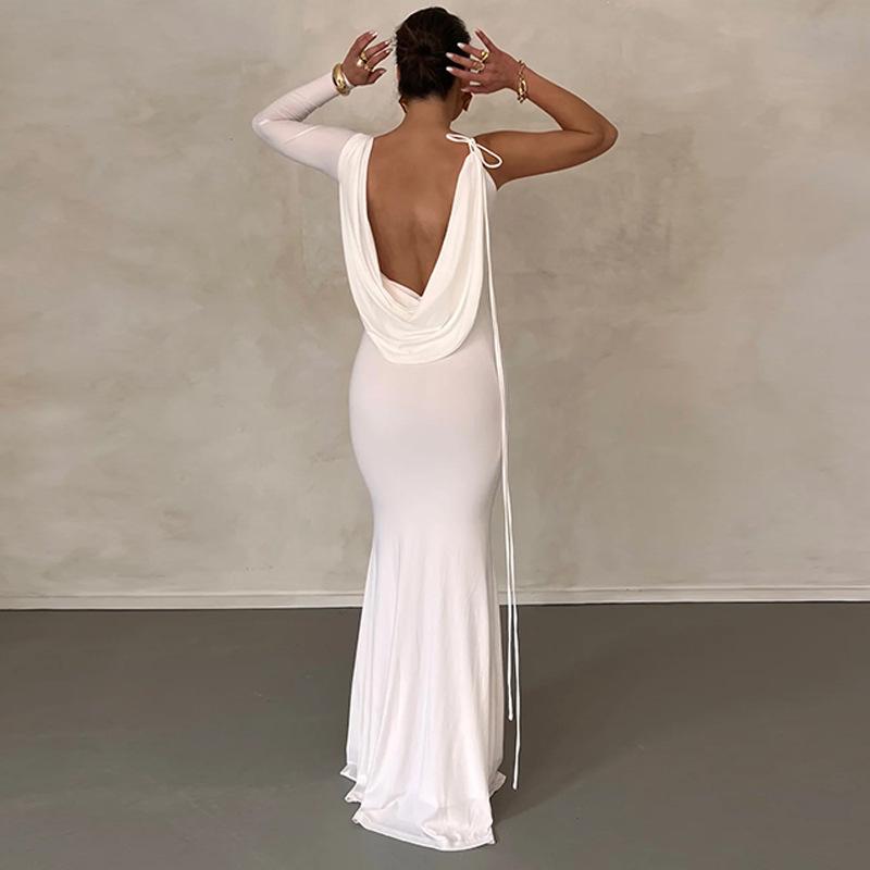 Women Elegant Robes Solid Color Party Club Sexy Backless Slip Draped Gown Maxi Dress