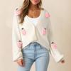 Damen Elegantes 3D-Erdbeermuster Langarm V-Ausschnitt Strickknopf Cardigan Pullover