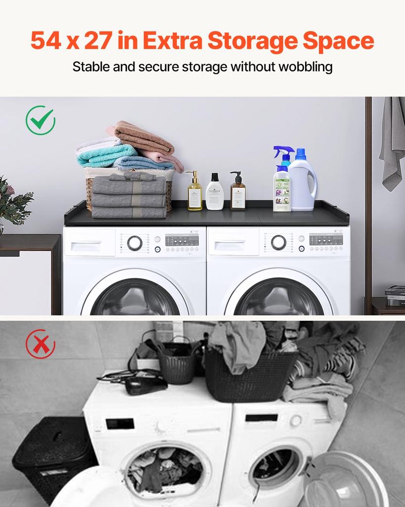 VEVOR Washer Dryer Countertop with 3 Splicing Panels, 54" x 27" Wooden Washer and Dryer Countertop with Non-Slip Pads