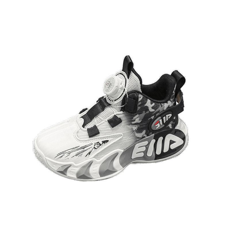 Popular children and boys soft-soled running shoes wear-resistant and non-slip middle and older children's sports shoes rotating button mesh basketba