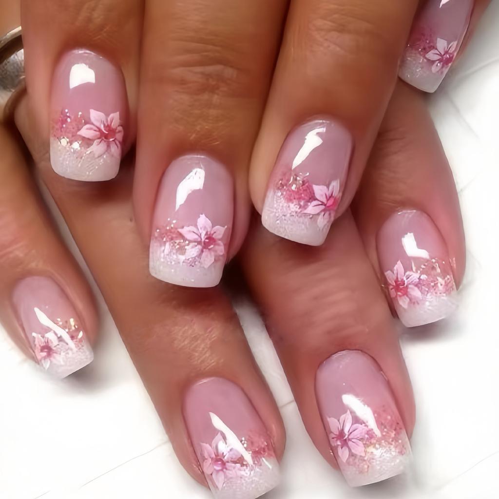 24Pcs Short French Tip False Nails Shimmer Ballet Nail Art Full Cover Sheer Press On Manicure Tips For Girls Daily Wear