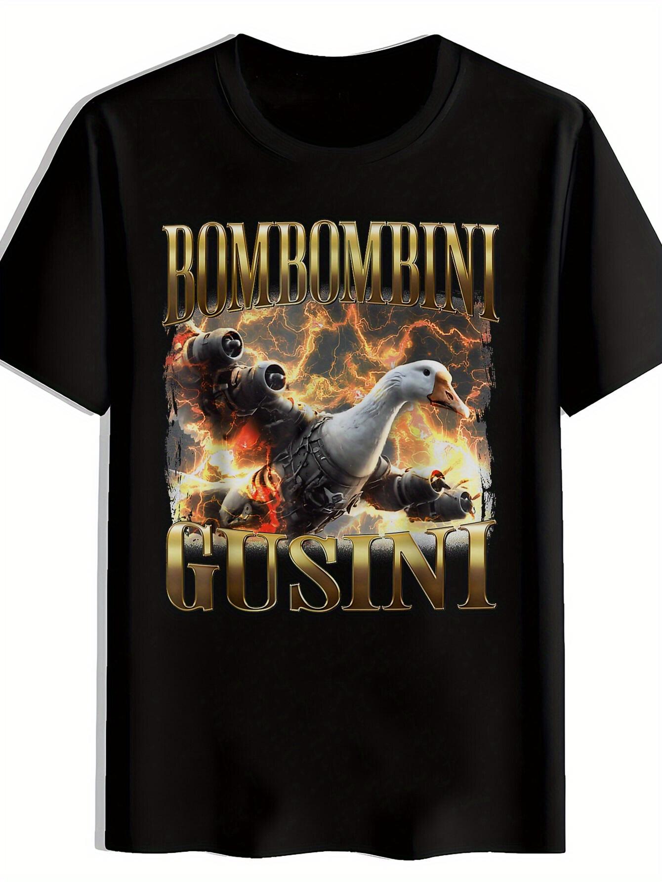 Graphic T-shirt with Military Duck & BOMBOMBINI GUSTI Print - Black Casual Short Sleeve Round Neck Summer Tee S