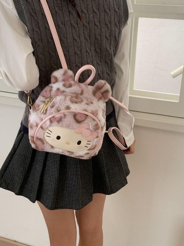 Hello Kitty Vintage Leopard Print Plush Backpack With Pockets For Daily Use
