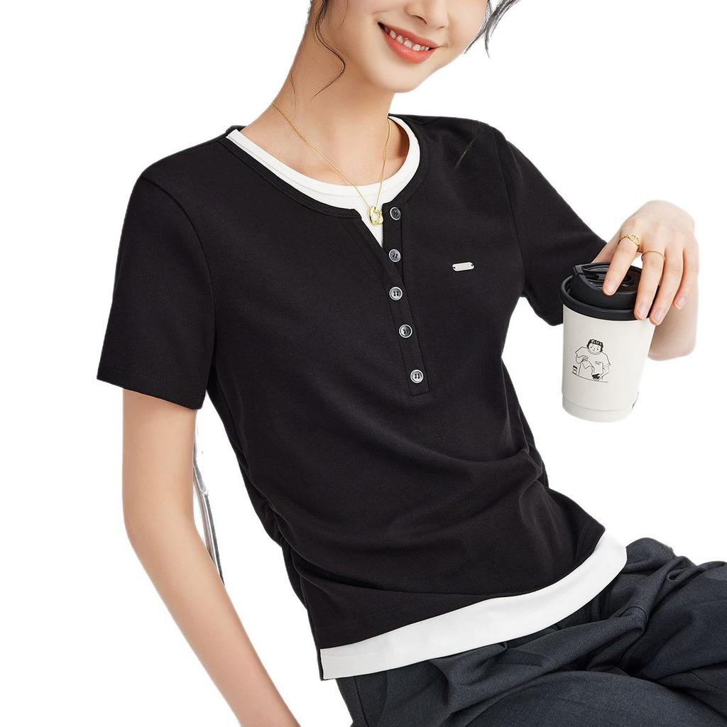 Women's Summer New Color Contrast Fake Two Pleated Short Sleeve Design Sense Inside The Top