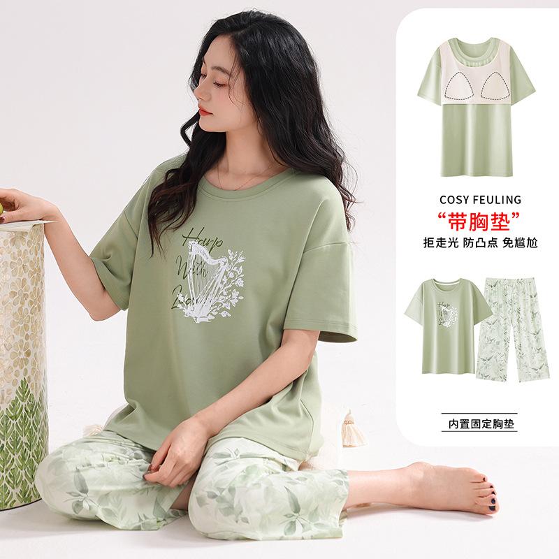 Pure cotton pajamas women's summer short-sleeved shorts 1011 new super fire with chest pad casual loungewear beautiful pajamas