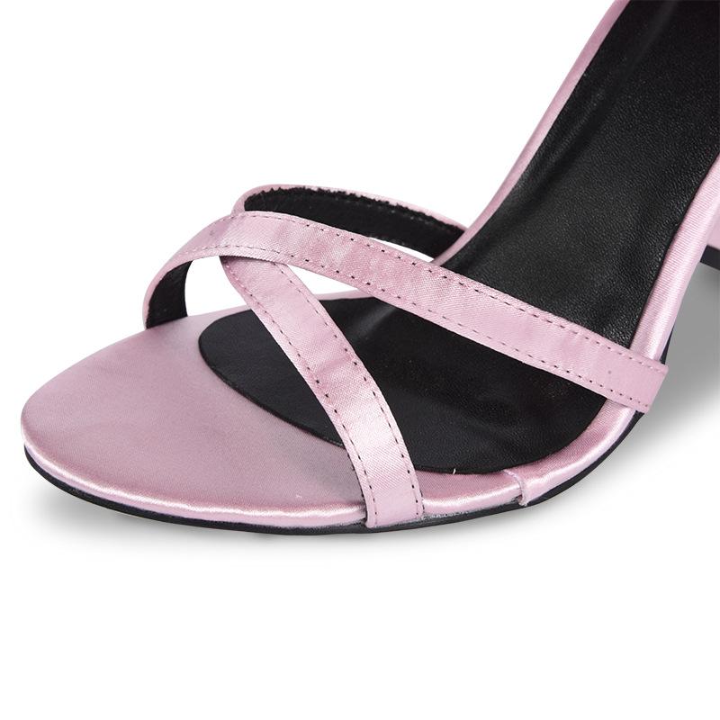 Fashion New Pink Feather Button Satin High Heel Sandals Women's Summer Fashion Sexy Thick Heels Wedding Party High-heeled Shoes Size 41
