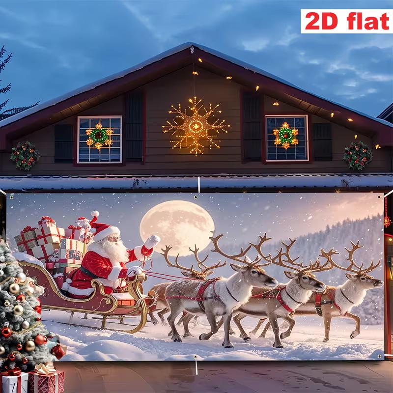 2D Winter Night Santa Sleigh Garage Door Cover, Reindeer & Moon Christmas Decor