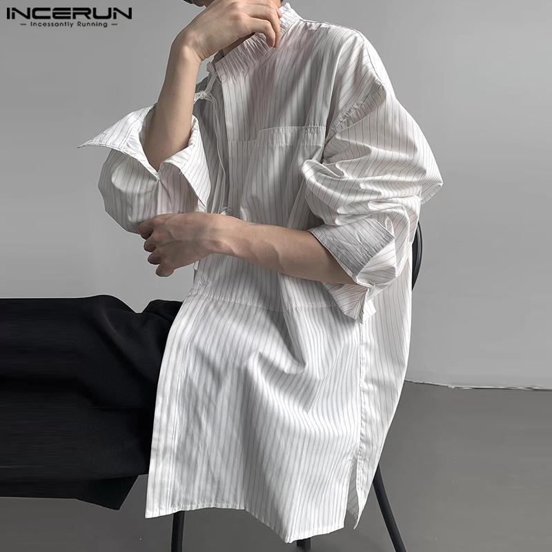 INCERUN Podzimní pánské stojací límeček s dlouhým rukávem pruhované košile Bagge Bandage Tops