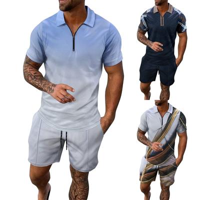 Heren Zomer Bedrukt Rits Revers Korte Mouw Top Shorts Pak Heren Casual Sportpak
