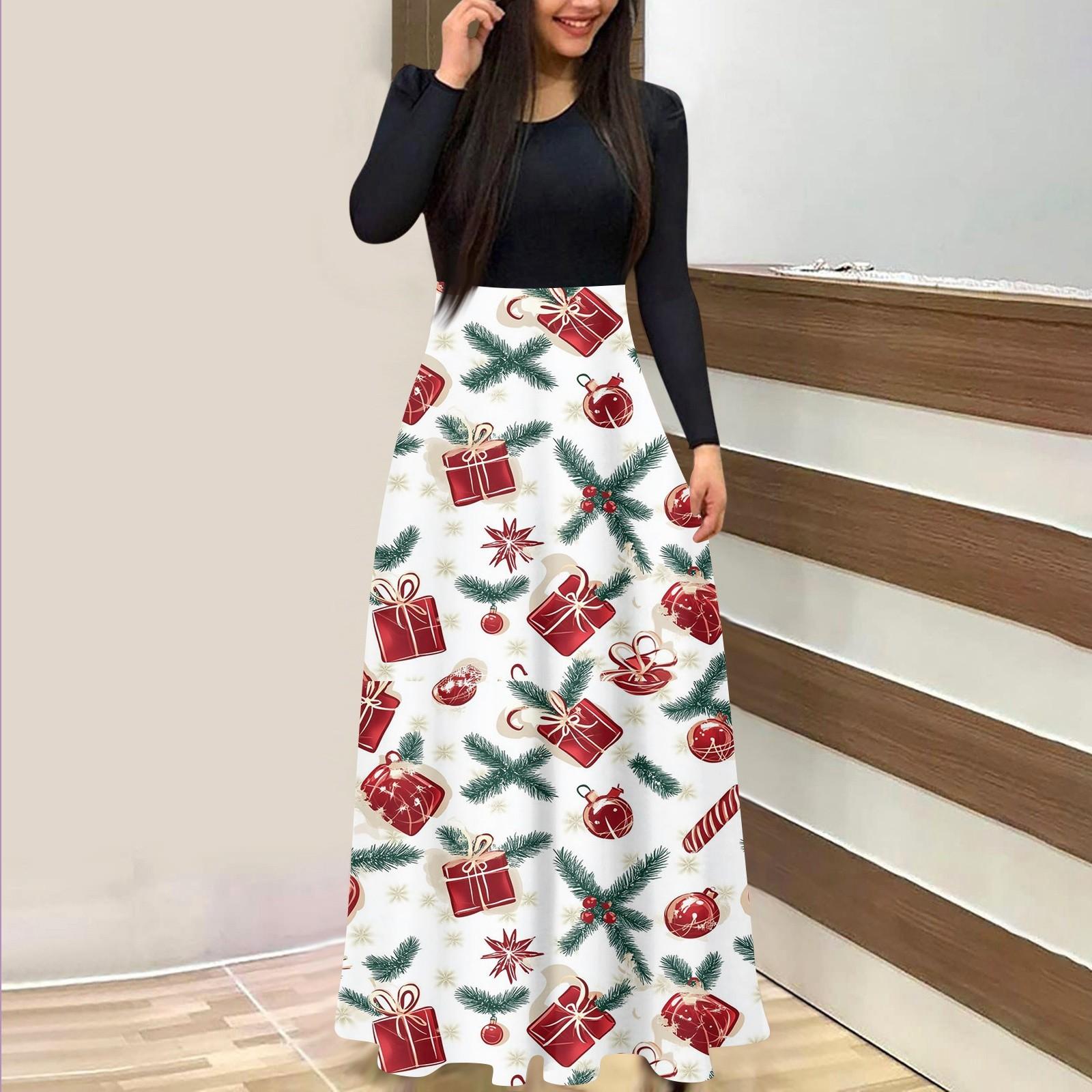 

Женское модное повседневное платье с рождественским принтом, круглым вырезом и длинными рукавами XXL белый