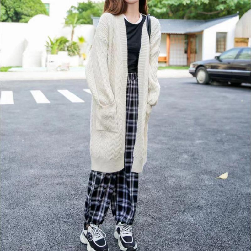 

Новая модная куртка-свитер средней и длинной длины женская осенне-зимняя вязаная кофта с ретро-косами, высококлассный ленивый стиль One size