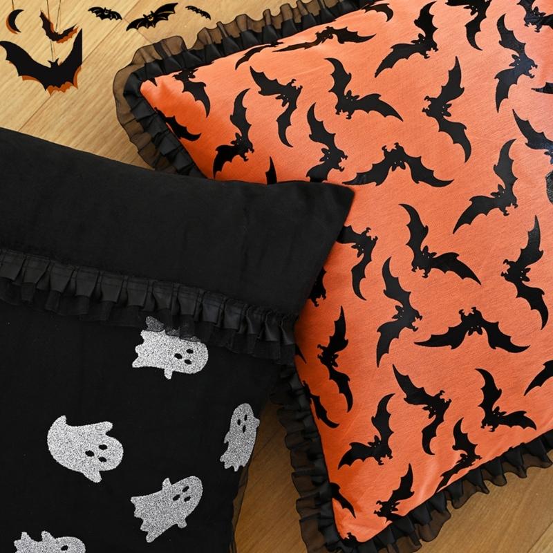 Decorative Mesh Cushion Cover Halloweens Theme Bat Specters Polyester Materials J0MC