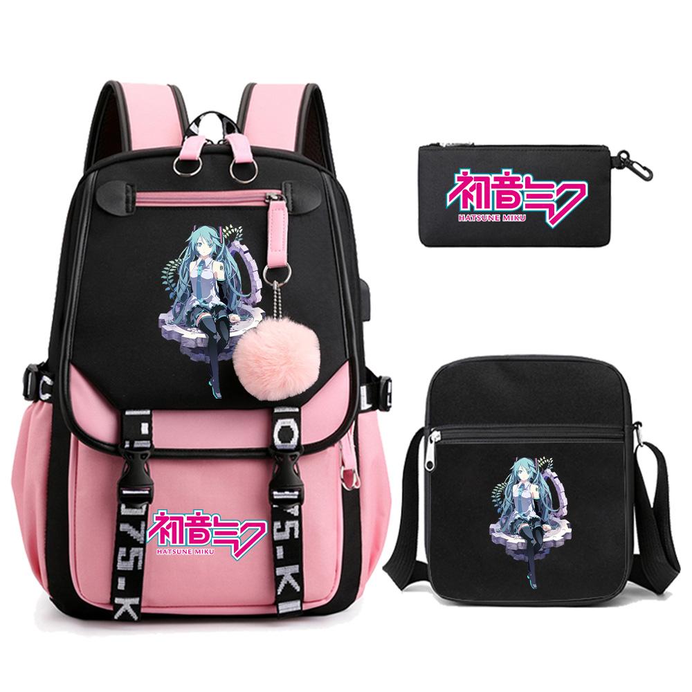 3ks/sada Anime Kreslený Batoh s Potiskem Hatsune Miku s Taškou přes Rameno pro Teenagera Studenta Dívku Chlapce Velkokapacitní Voděodolný Školní Batoh Mochila