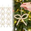 6pcs Boho Farmhouse Christmas Ornaments, Adjustable Wood Beads Bows for Tree Decor, Natural Modern Xmas Decoration for Holiday