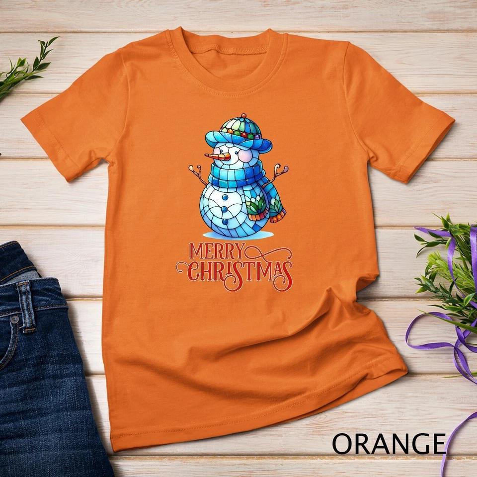 Cute Stained Glass Snowman Christmas Graphic Tee Funny Christmas Unisex T-shirt 6 2XL