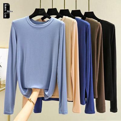 Women's Loose Korean-Style Modal Long-Sleeve Shirt - Spring/Autumn, Round Neck, Slimming, Versatile, Plus Size.