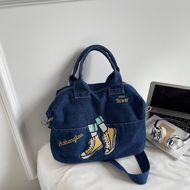 Korean Style Color Block Embroidery Denim Bag - Versatile Large Capacity Shoulder & Crossbody Bag