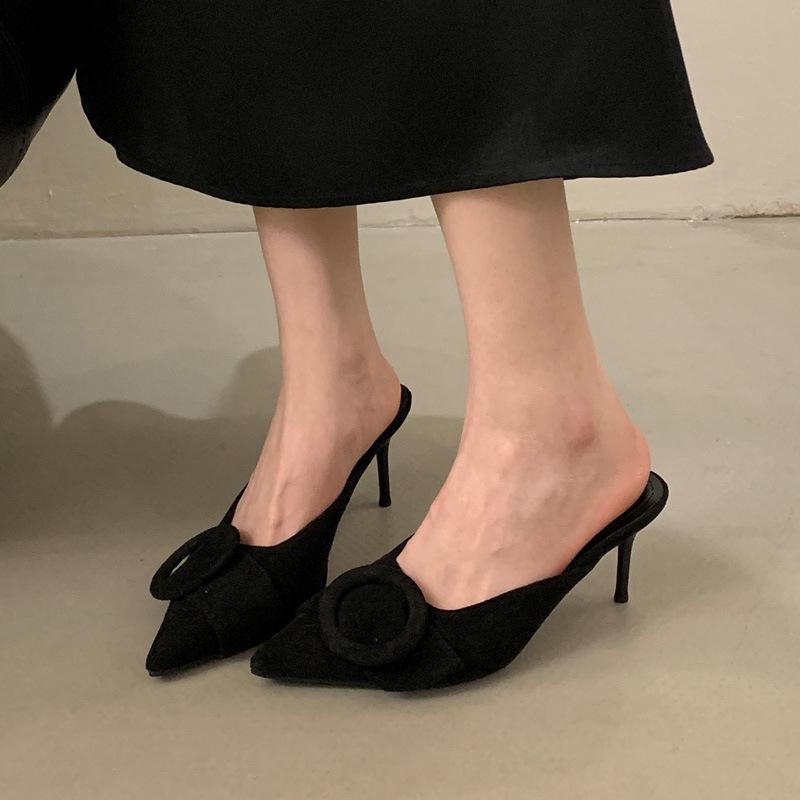 

Baotou slippers outer wear thin heels new high heels fashion women s shoes versatile pointed high heels slippers women 35 чорний