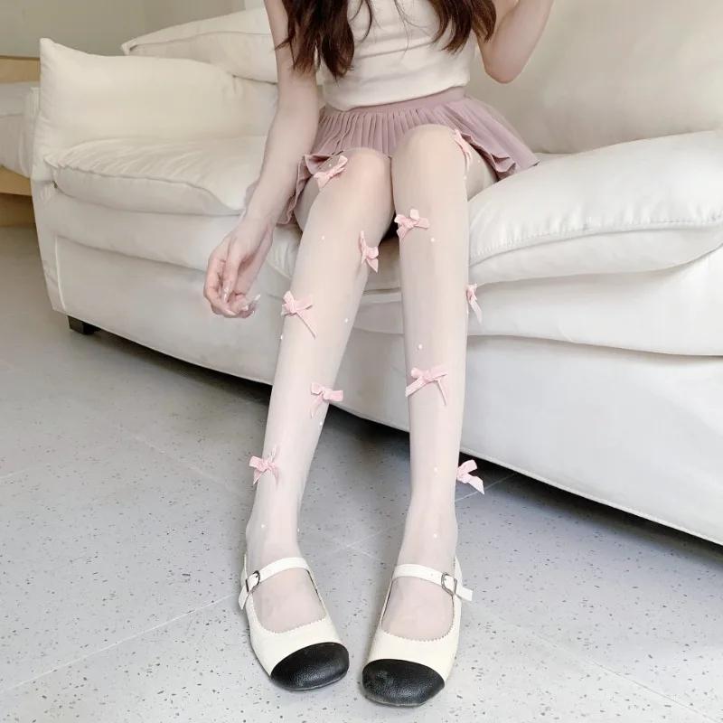 1/2Pairs Sexy Bow Lace Tights Women Bowknot Pearl Hollow Mesh Fishnet Thigh High Stockings Jk Lolita Sweet Girls Tight Pantyhose