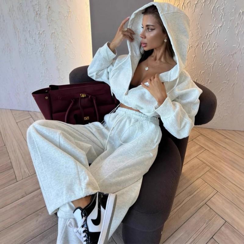 Womens Casual Two-Piece Set: Long Sleeve Zip-Up Hooded Top Wide Leg Pants Solid Color Stretch Comfort Fit