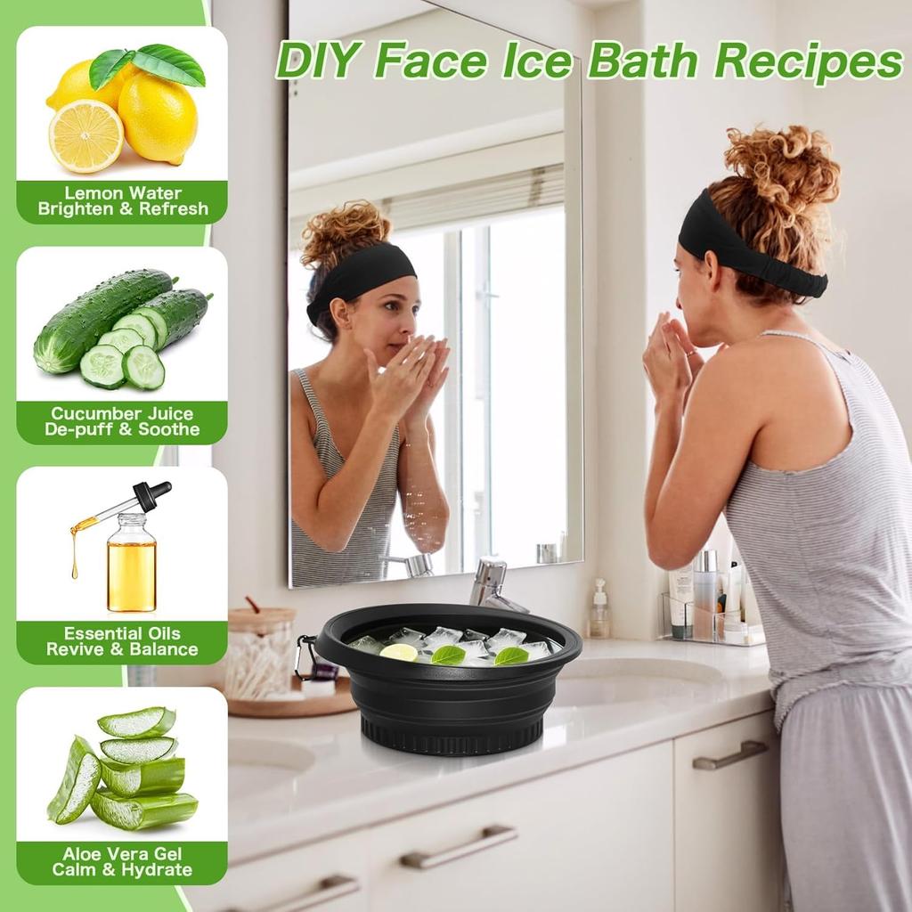 Glivary Face Bowl for Ice with Built-in Icetray, Portable Foldable Silicone Ice Facial Bowl, for Home Ice Bath Facial, Black