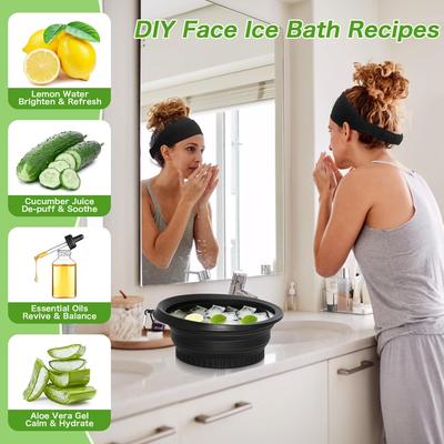 Glivary Gesichtsschale für Eis mit integriertem Eisbehälter, Tragbare faltbare Silikon-Eis-Gesichtsschale, für zu Hause Eisbad Gesicht, Schwarz