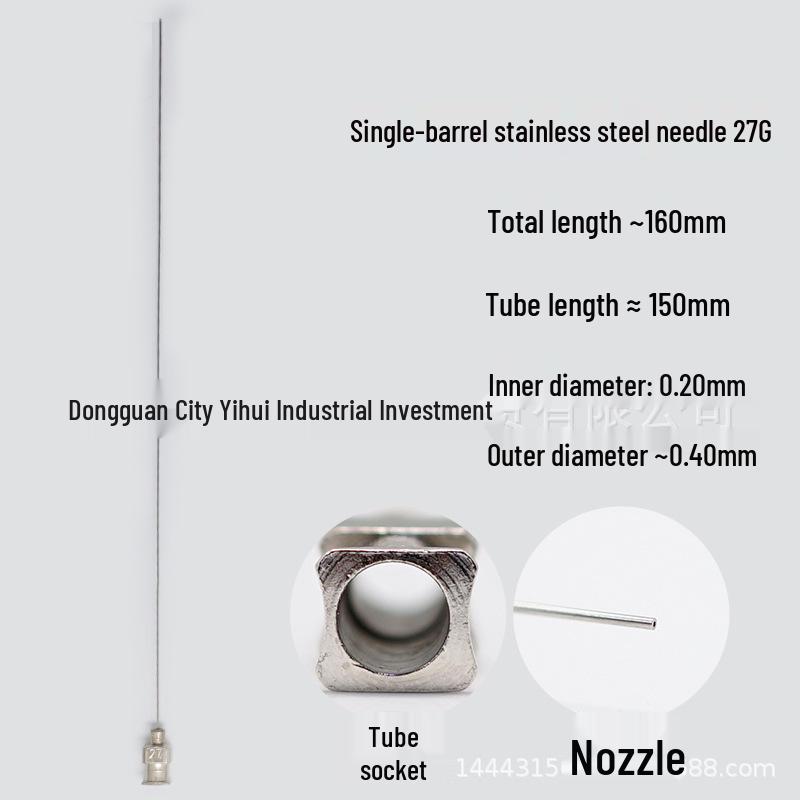 Stainless Steel Dispensing Syringe: 160mm Total Length, 150mm Tube, Pointed Tip, Flat Opening