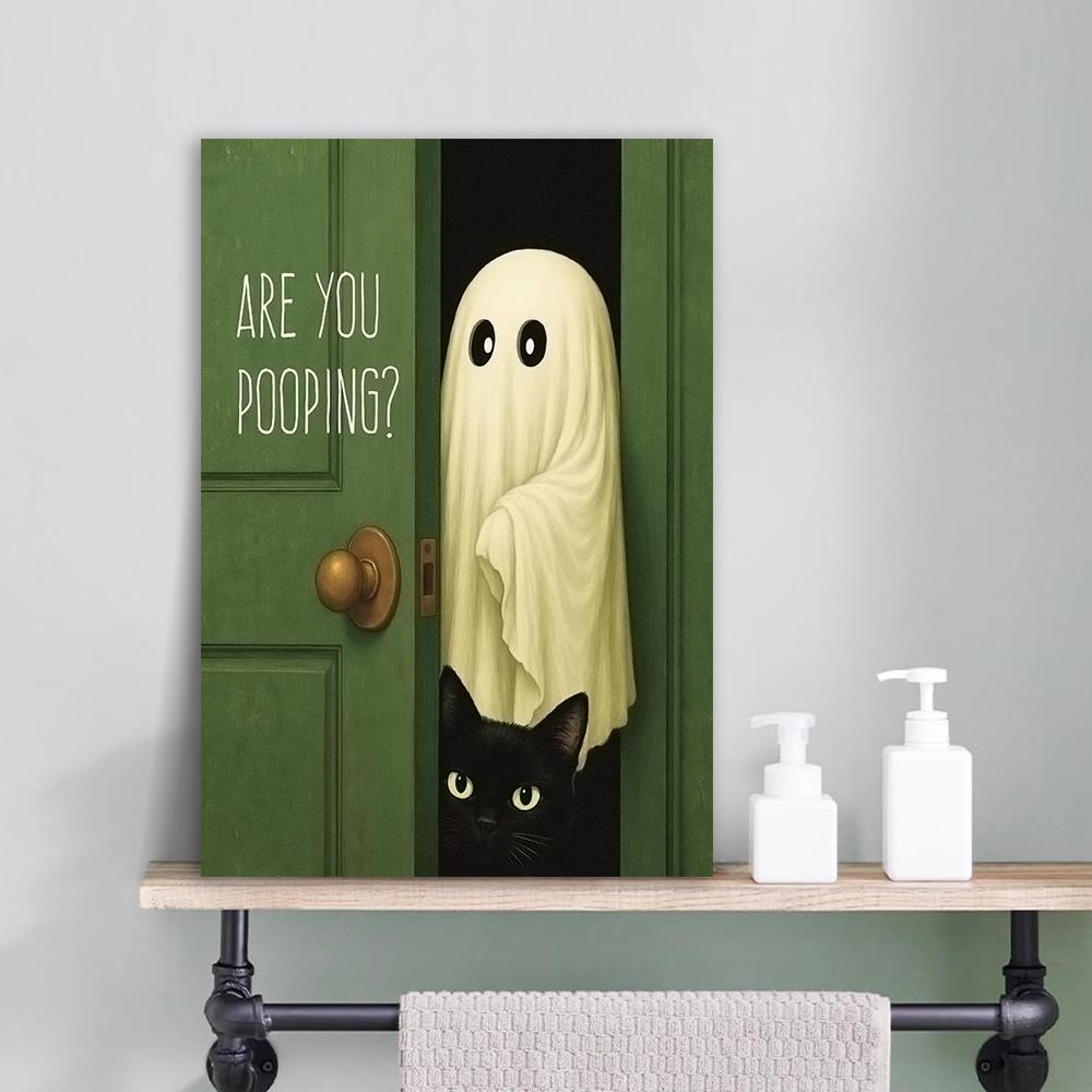 Funny Ghost Bathroom Wall Art Poster Ghost Cat Cute Ghost Bathroom Wall Decor Funny Vintage Bathroom Canvas Painting