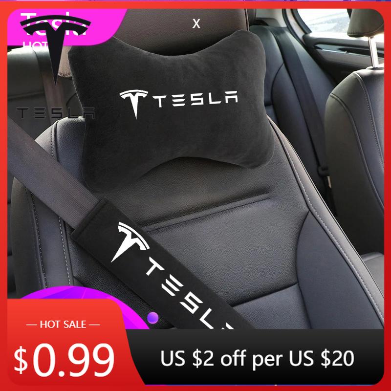 Car Sticker 2025 New Tesla 2/4PCS Car Seat Belt Protect Shoulder Pads Cervical Spine Headrest Neck Pillows For Tesla Model 3 Mod
