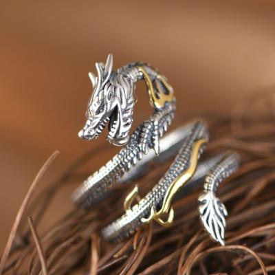 Buyee 925 Silver Unique Big Ring Elegant Chinese Dragon Open Ring Finger for Men Women Rock Punk Fine Jewelry Circle