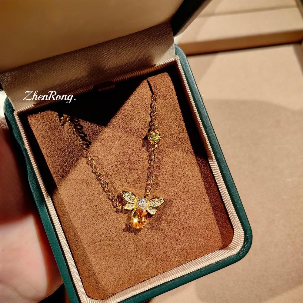 Bee Necklace Set for Women Elegant Citrine Earrings Minimalist Diamond Ring Collarbone Jewelry Gift