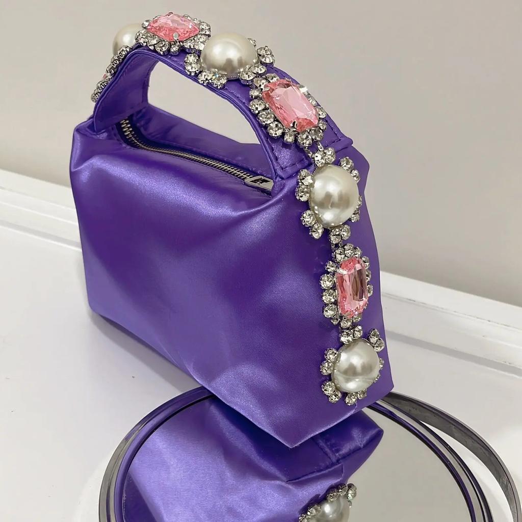 Diamonds Feather Women Handbags Luxury Pearls Party Evening Bags for Women  Designer Satin Square Clutch Wedding Purses Tote