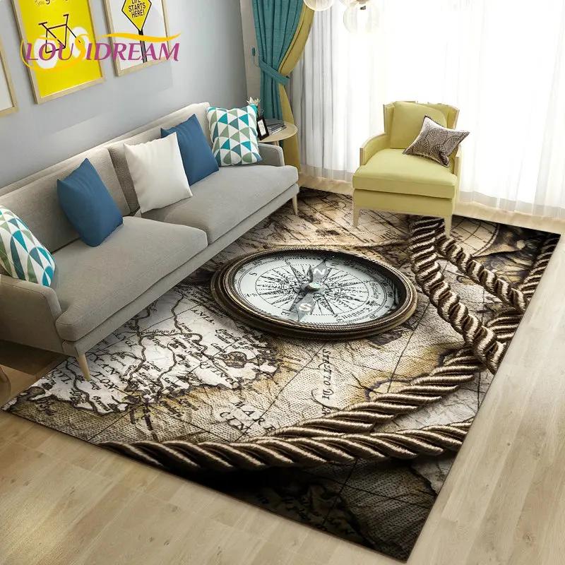 Alfombra retro con diseño de mapa del mundo vintage y brújula, para sala de estar, dormitorio, sofá, decoración, alfombra antideslizante para el suelo