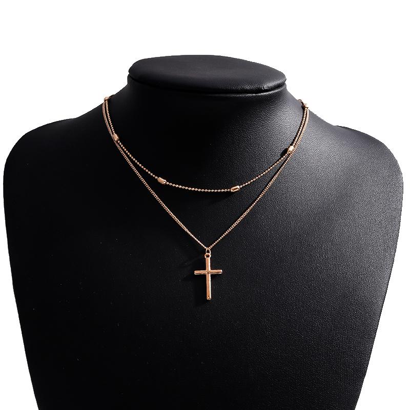 

Romantic Cross Pendants Necklace for Women Gold Silver Color Multilayered Oval Beads Chain Necklace Minimalism Female Jewelry