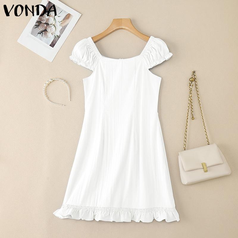 

VONDA Women Square Collar Short Sleeve Ruffled Hem Casual A-line Mini Dress S