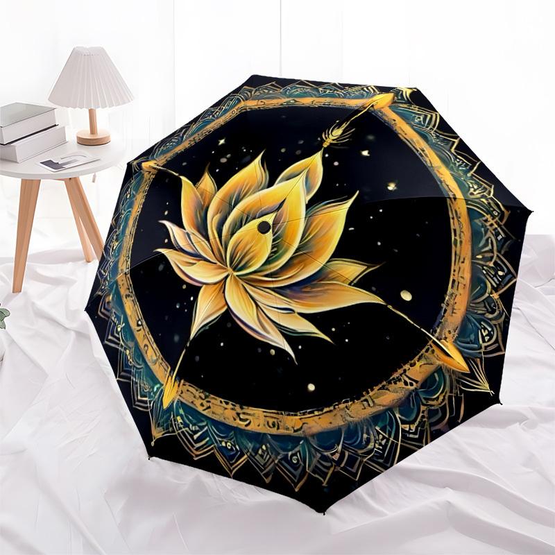 1pcLotus Mandala Automatic Folding Umbrella with 8 Bones, Portable 3-Fold Collapsible Compact Design On-the-Go Essential, Casual Outdoor Acc