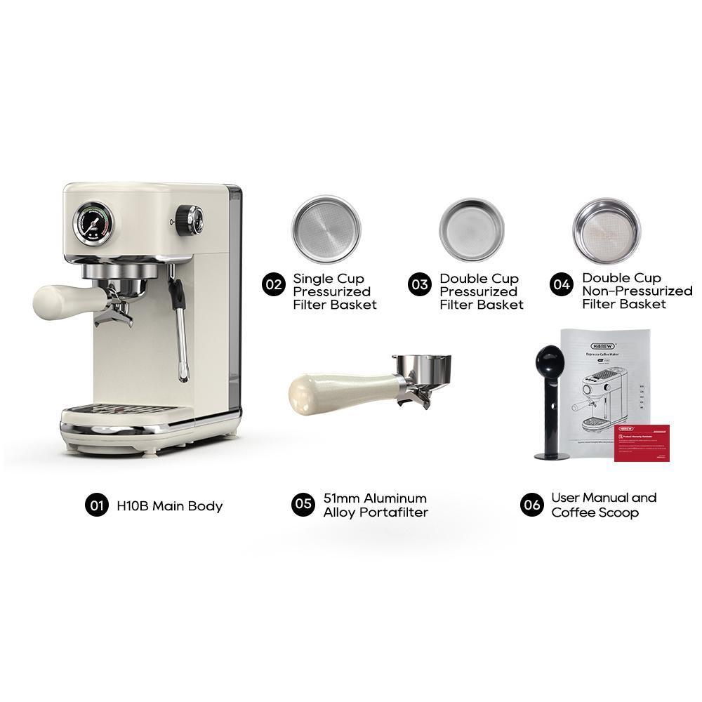 Nou Espressor HiBREW H10B, Presiune de extracție 20 bari, Semiautomat, Temperatură și volum ceașcă reglabile bej