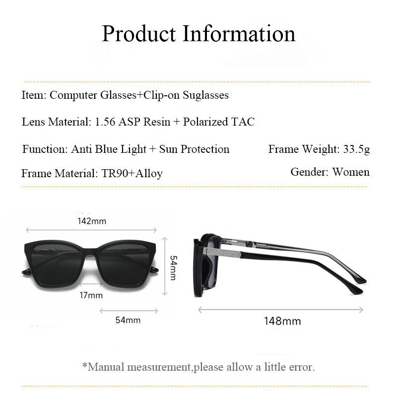 Anti Blue Rays Prescription Computer Glasses with Clip-on Sunglasses