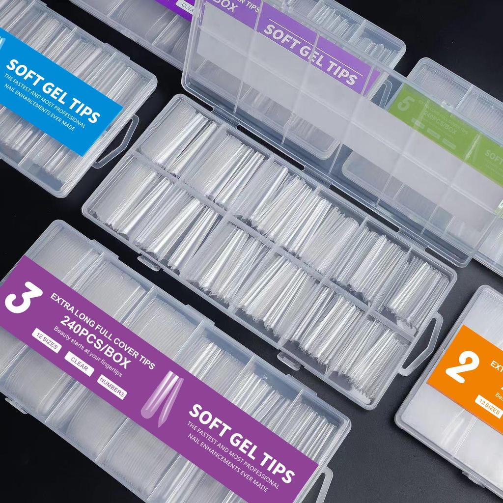 240-teiliges Transparentes XXXL Spitzes Nagelkunst-Set: Superlange künstliche Nägel im Denim-Design