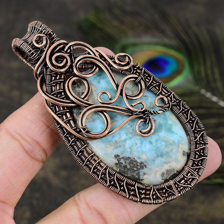 Caribbean Larimar Gemstone Copper Wire Wrap Jewelry Pendant 3.43