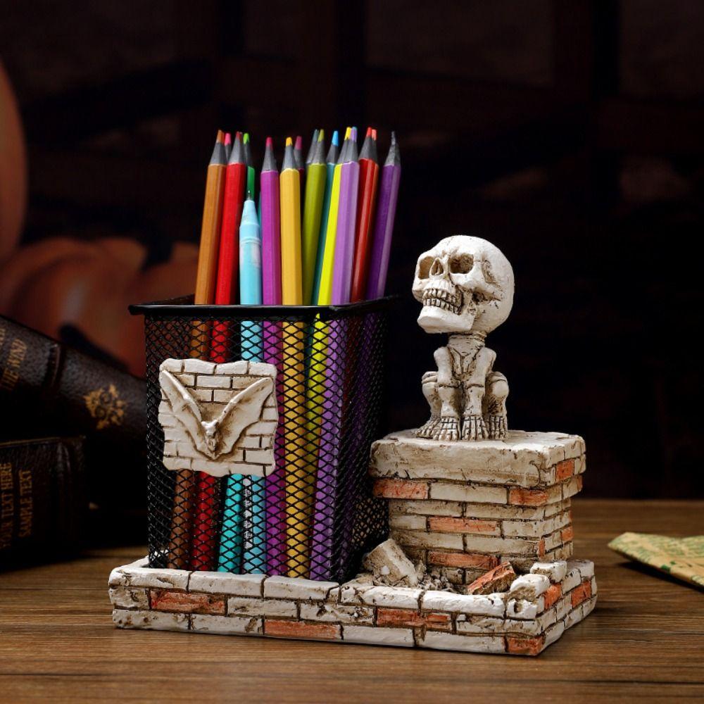 Resin Crafts Halloween Skull Pen Holder Funny Skeleton Toothbrush Holder Home Desktop Decoration