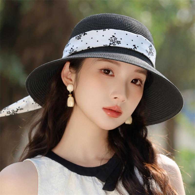 Fashion Lady Streamer Straw Hat Sun Protection Big Brim Hat Travel Lady Sun Hat Outdoor Vacation Beach Hat
