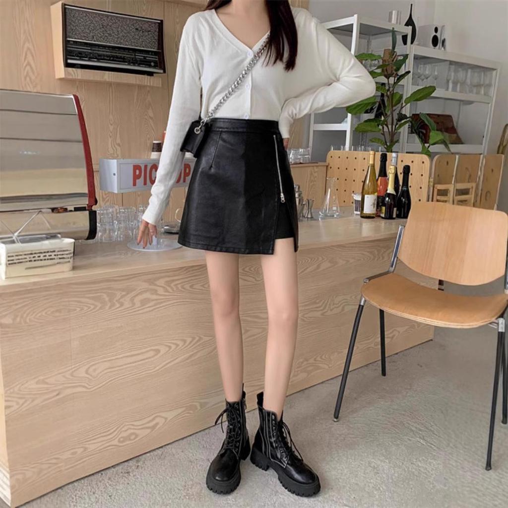 High-Waisted PU Leather Midi Skirt - Slimming, Hip-Hugging, Irregular A-Line, Women's Korean Fashion for Autumn/Winter 2023