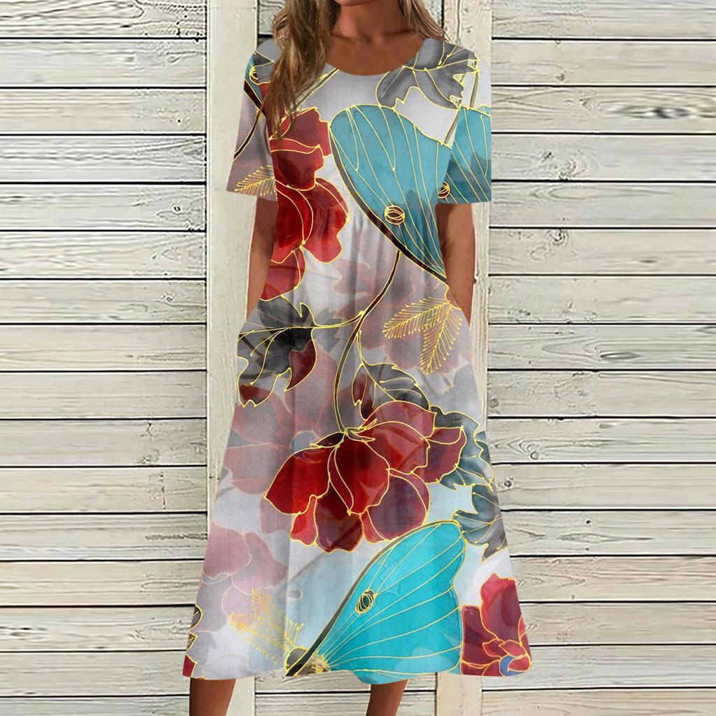 Damen-Freizeitkleider, bedruckte Kleider, Sommerkleider, bedruckt, plissiert, Rundhals-Midi-Kleider, Basic, klassisch, Outdoor, täglich, kurzärmelig, lockere Kleider