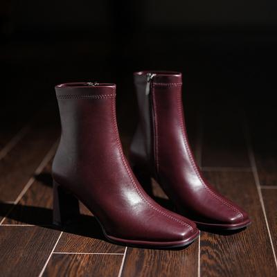 Bottes courtes à talon bloc simples et polyvalentes couleur rouge Ankola pour femmes, cuir véritable, fermeture éclair latérale, bottes simples souples, pour le printemps et l'automne